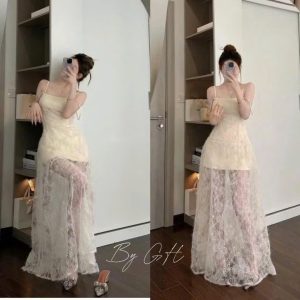 Đầm ren dài hai dây phối sheer